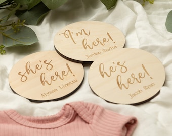 He's Here / She's Here Wooden Baby Announcement Sign,  I'm Here Announcement Sign, New Baby Sign Baby Photo Prop, Laser Baby Festival Here