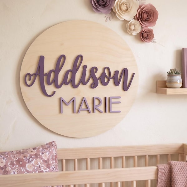 Personalized Round Nursery Plaque, Nursery Name Sign, 3D Wooden Baby Name Sign, Nursery Wall Art, Baby Shower, Name Sign For Nursery