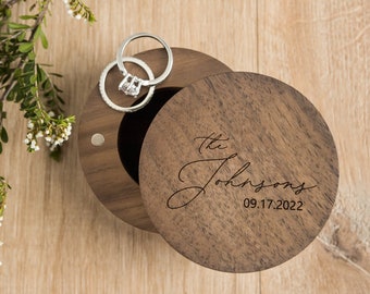 Engraved Round Wedding Ring Box, Bridal Shower Gift, Wood Ring Box, Ring Bearer Box, Personalized Ring Holder, Engraved Round Ring