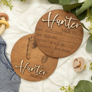 Round Baby Birth Stats & Footprint Sign, Hospital Footprint Sign For Baby, Newborn Photo Prop, Birth Announcement Sign, Laser Baby Footprint
