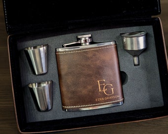Groomsmen Proposal, Groomsmen Gift, Flask Gift Set, Custom Groomsmen Flask, Personalized Leather Flask Monogrammed Flask, Engraved Flask Set