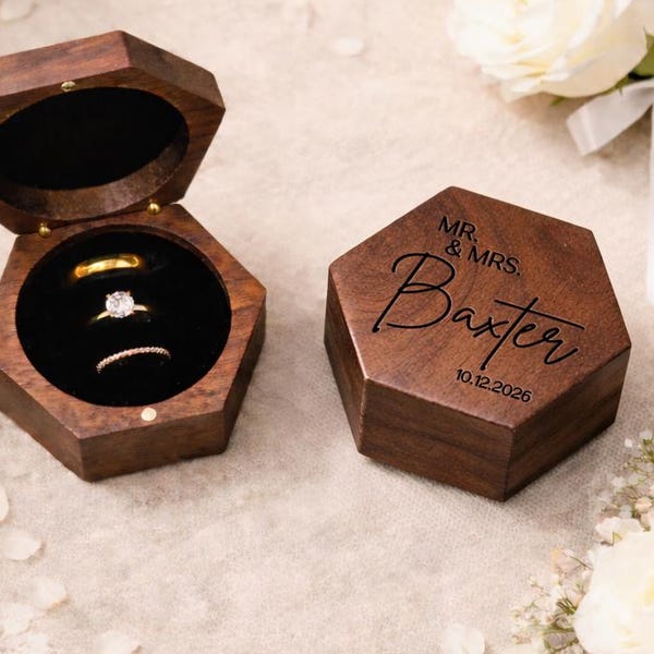 Personalized Wedding Ring Box, Wood Ring Box, Engagement Box, Ring Bearer Ring Box, Ring Box Holder, Custom Ring Holder, Engraved Hex Ring