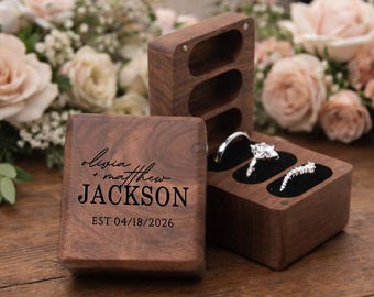 Personalized Walnut Triple Ring Box (3 Slot), Engraved Ring Bearer Box, Wedding Band Holder