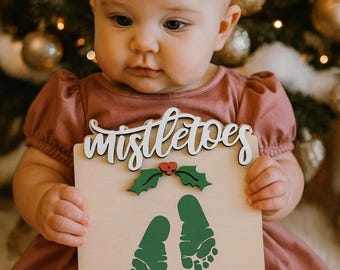 Letrero navideño para bebé con huella de muérdago, manualidad de madera para niños, recuerdo, regalo para abuelos, actividad para mi primera Navidad