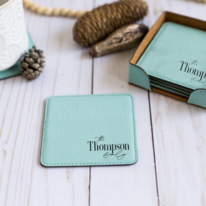 Custom Coasters With Holder, Personalized Square Coasters, Wedding Gift, Housewarming Gift, Newlywed Gift, Engraved Square Leather Coasters image 10