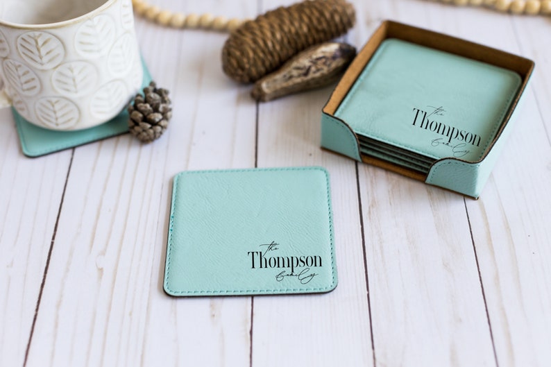Custom Coasters With Holder, Personalized Square Coasters, Wedding Gift, Housewarming Gift, Newlywed Gift, Engraved Square Leather Coasters image 10