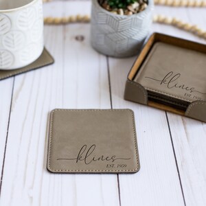 Custom Coasters With Holder, Personalized Square Coasters, Wedding Gift, Housewarming Gift, Newlywed Gift, Engraved Square Leather Coasters image 7