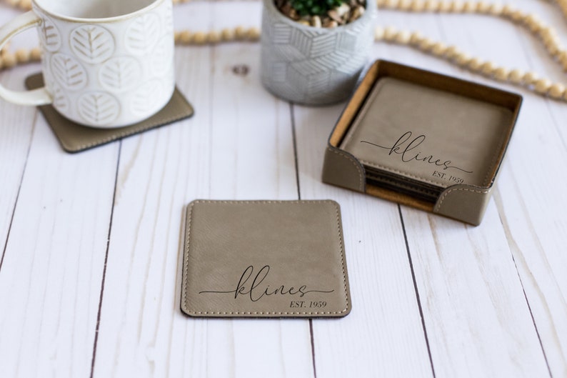 Custom Coasters With Holder, Personalized Square Coasters, Wedding Gift, Housewarming Gift, Newlywed Gift, Engraved Square Leather Coasters image 7