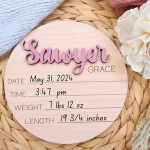 Round Baby Birth Stats & Footprint Sign, Hospital Footprint Sign For Baby, Newborn Photo Prop, Birth Announcement Sign, Custom Name Plaque image 2