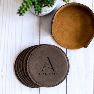 Set of 6 Coasters With Holder, Personalized Coasters, 3rd Anniversary Gift, Wedding Gift, Housewarming Gift, Engraved Round Leather Coasters