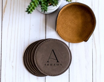 Set of 6 Coasters With Holder, Personalized Coasters, 3rd Anniversary Gift, Wedding Gift, Housewarming Gift, Engraved Round Leather Coasters