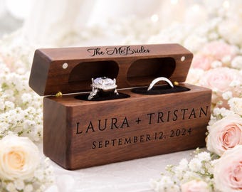 Engraved Wood Double Slot Wedding Ring Box, Wedding Ceremony Wooden Ring Box, Gift For Bride, Personalized Newlywed Gift