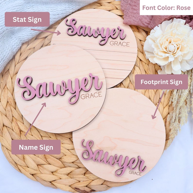 Round Baby Birth Stats & Footprint Sign, Hospital Footprint Sign For Baby, Newborn Photo Prop, Birth Announcement Sign, Custom Name Plaque image 5