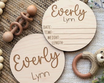 Dual-Sided Wooden Birth Name Disc For Hospital, Baby Shower Gift, Girl Birth Announcement Sign, Newborn Stat & Name Sign, Newborn Photo Prop