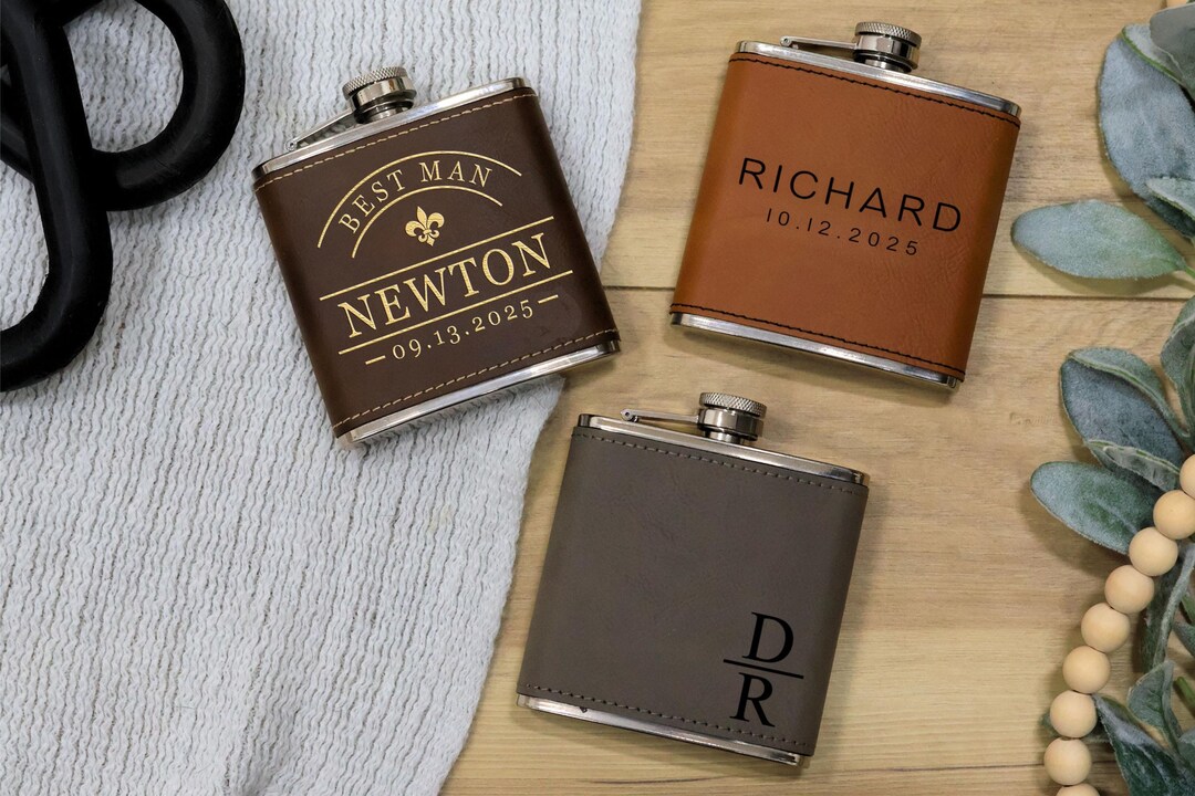 Personalized Custom Engraved Leather Flask | Groomsmen Gift | Wedding Party Favor For Him | WPS0121 - View #3