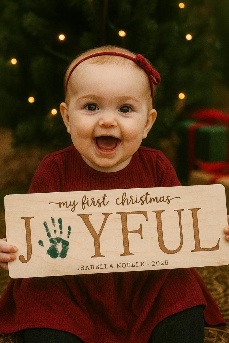 May include: A smiling baby wearing a red headband and dress holds a wooden sign that says "my first christmas JOYFUL" with a green handprint and the name "Isabella Noelle - 2025". The background includes a Christmas tree and blurred lights.