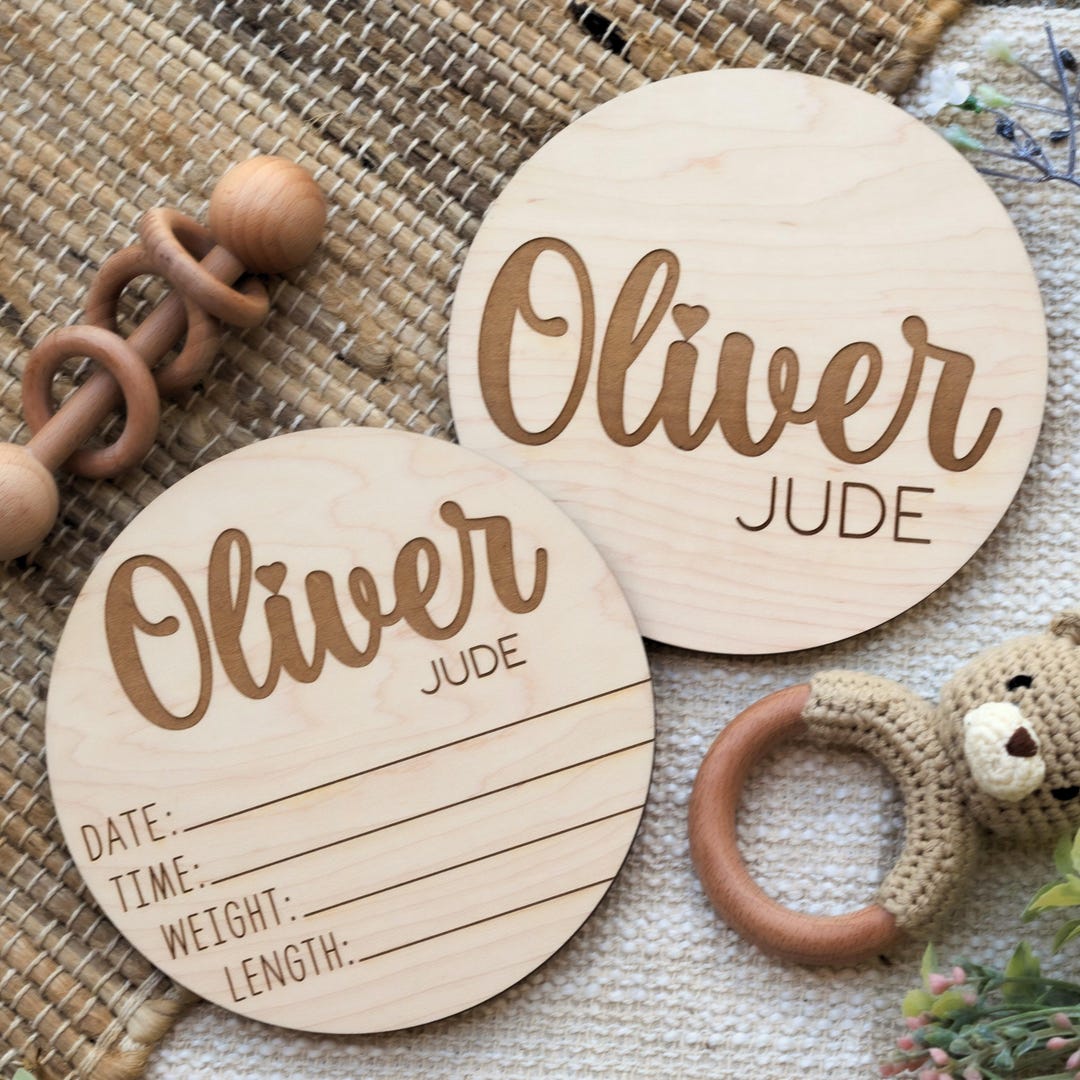 Dual-sided Wooden Birth Sign Disc for Hospital, Birth Announcement Sign ...