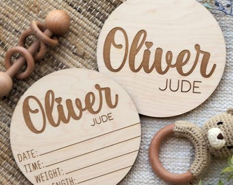 Dual-Sided Wooden Birth Sign Disc For Hospital, Birth Announcement Sign, Newborn Baby Stat & Name Sign, Newborn Photo Prop, Baby Shower Gift