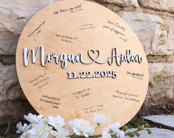 Round 3D Wooden Guestbook Sign, Connected Hearts Name Sign, Custom Wedding Guestbook Alternative Board, Rustic Unique Personalized Guestbook