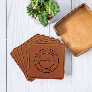 Custom Coasters With Holder, Personalized Square Coasters, Wedding Gift, Housewarming Gift, Newlywed Gift, Engraved Square Leather Coasters image 8