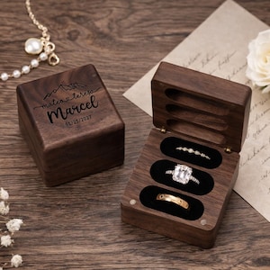 Personalized Walnut Triple Ring Box (3 Slot), Engraved Ring Bearer Box, Wedding Band Holder 11