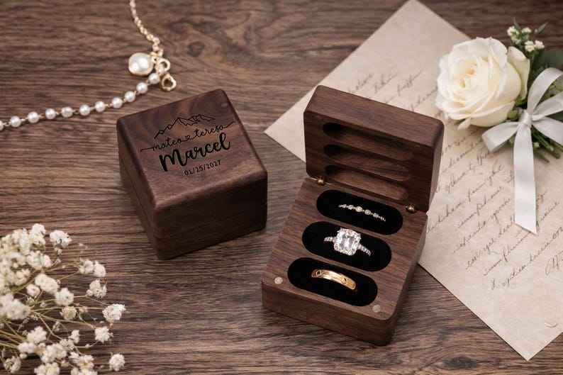 Personalized Walnut Triple Ring Box (3 Slot), Engraved Ring Bearer Box, Wedding Band Holder 11