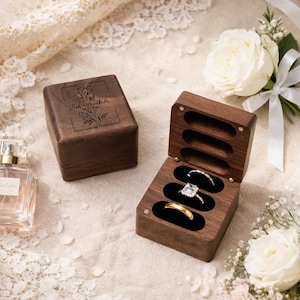 Personalized Walnut Triple Ring Box (3 Slot), Engraved Ring Bearer Box, Wedding Band Holder 9