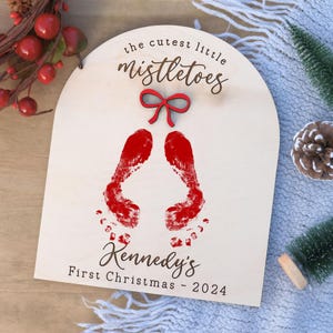 DIY Footprint Art, Baby's First Christmas, Mistletoes Sign, Wooden Kids Craft, Custom Children's Keepsake, Personalized Baby Christmas Decor Bow