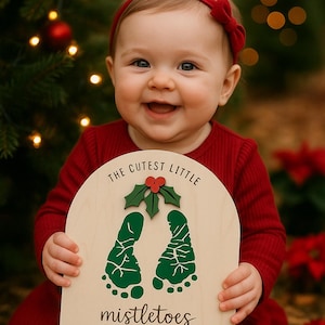 DIY Footprint Art, Baby's First Christmas, Mistletoes Sign, Wooden Kids Craft, Custom Children's Keepsake, Personalized Baby Christmas Decor image 2