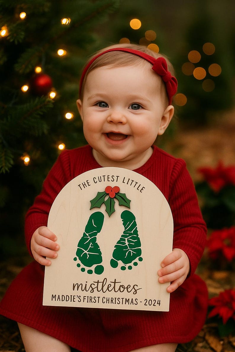 DIY Footprint Art, Baby's First Christmas, Mistletoes Sign, Wooden Kids Craft, Custom Children's Keepsake, Personalized Baby Christmas Decor image 2
