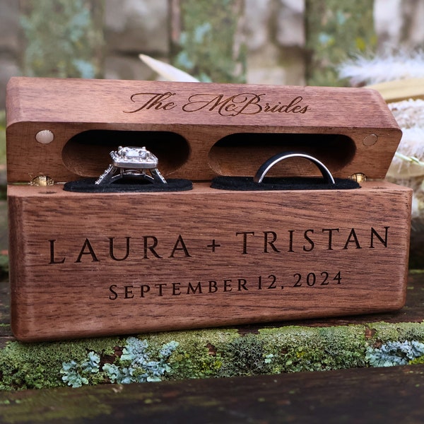 Engraved Wood Double Slot Wedding Ring Box, Wedding Ceremony Wooden Ring Box, Gift For Bride, Personalized Newlywed Gift