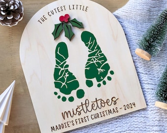 DIY-Fußabdruck-Kunst, Babys erstes Weihnachten, Mistelzeichen, hölzernes Kinderhandwerk, kundenspezifisches Kinderandenken, personalisiertes Baby-Weihnachtsdekor