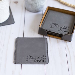 Custom Coasters With Holder, Personalized Square Coasters, Wedding Gift, Housewarming Gift, Newlywed Gift, Engraved Square Leather Coasters image 6