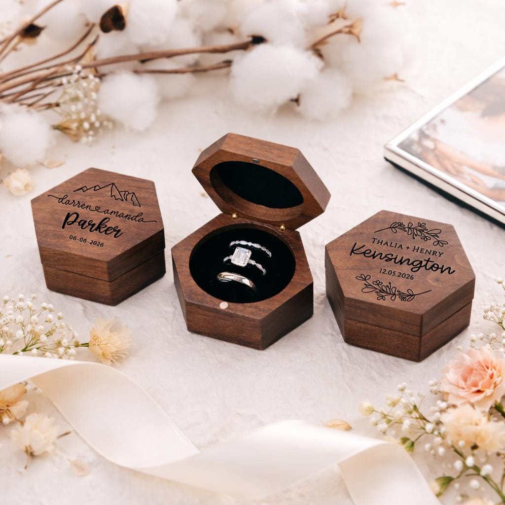 Personalized Walnut Wedding Ring Box, Engraved Hexagonal Triple Slot ...