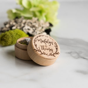 Personalized Round Wedding Ring Box, Wood Ring Box, Engagement Ring Box, Ring Bearer Ring Box Holder, Round Light Ring image 5