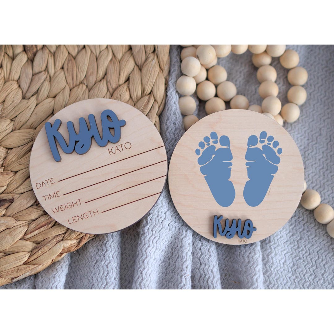 Newborn Announcement Sign, Wooden Round Baby Birth Stats, Footprint ...