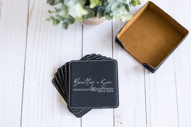 Custom Coasters With Holder, Personalized Square Coasters, Wedding Gift, Housewarming Gift, Newlywed Gift, Engraved Square Leather Coasters image 5