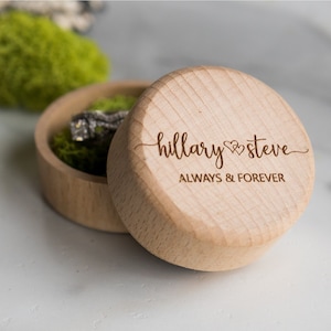 Personalized Round Wedding Ring Box, Wood Ring Box, Engagement Ring Box, Ring Bearer Ring Box Holder, Round Light Ring image 2