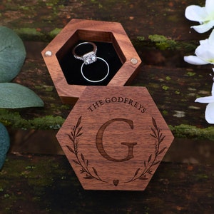 Hexagonal Wedding Ring Box, Wood Ring Box, Engagement Box, Ring Bearer Ring Box, Ring Box Holder, Custom Ring Holder, Engraved Hex Ring