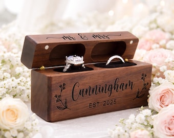 Proposal Ring Box Holder, Custom Wooden Wedding Ceremony Ring Box, Personalized Engraved Engagement Ring Box, Slim Double Ring Bearer Box