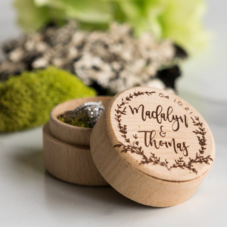 Personalized Round Wedding Ring Box, Wood Ring Box, Engagement Ring Box, Ring Bearer Ring Box Holder, Round Light Ring image 1