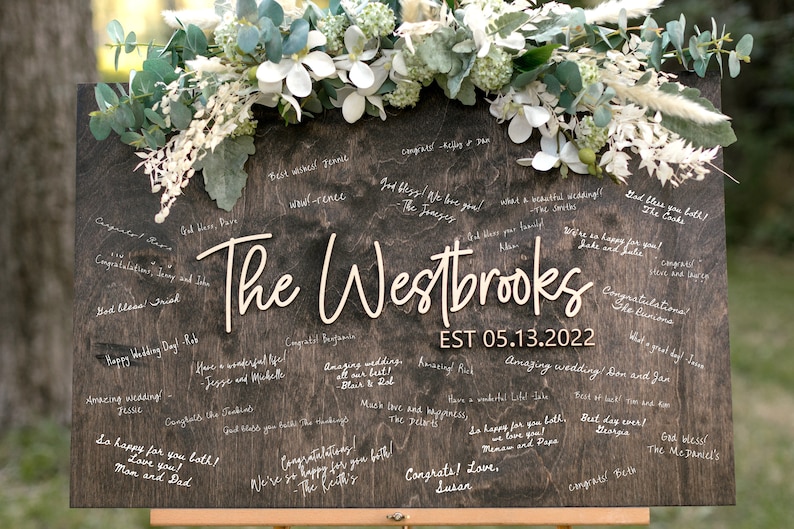 Wooden Guest Book Wedding Alternative, Custom Square Guest Book, Last Name Sign, 3D Wood Guest Book, Laser Guestbook Square Marshmallow image 1