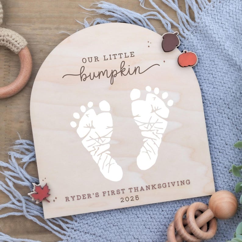 Erntedank-Fußabdruck-Andenken, Babys erster Erntedank-Fußabdruck, DIY-Fußabdruck-Handwerk, Herbst-Baby-Kunst, personalisiertes Erntedank-Dekor Our Little Bumpkin