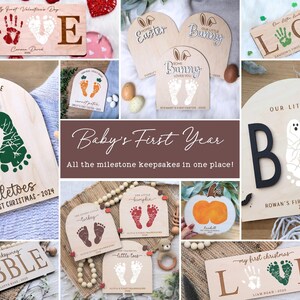 K&ouml;nnte beinhalten: Eine Sammlung von h&ouml;lzernen Meilensteinen f&uuml;r Babys, die Fu&szlig;abdr&uuml;cke, Handabdr&uuml;cke und Designs mit Feiertagsmotiven zeigen. Enth&auml;lt ein Valentinstags-Schild, Ostereier-Fu&szlig;abdr&uuml;cke und ein Halloween-Schild mit Geistern.