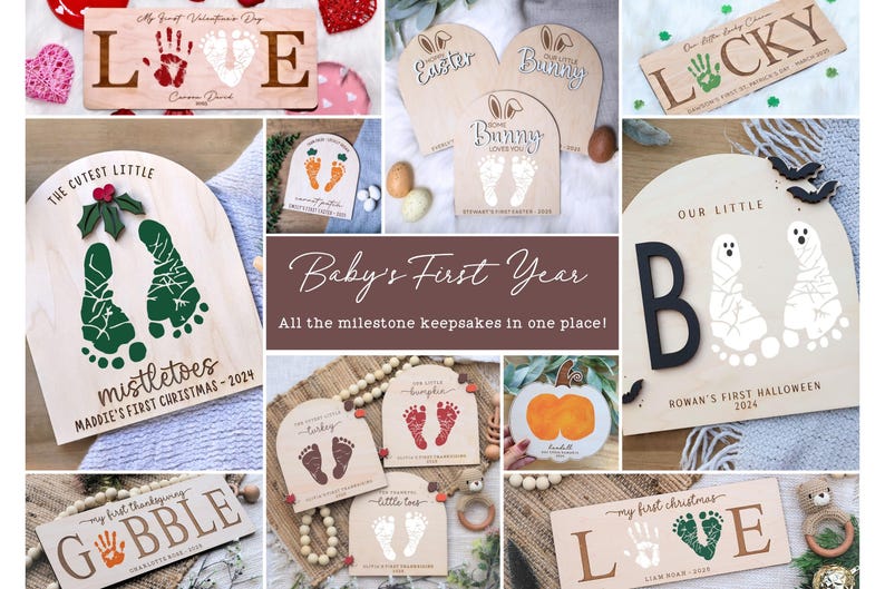 K&ouml;nnte beinhalten: Eine Sammlung von h&ouml;lzernen Meilensteinen f&uuml;r Babys, die Fu&szlig;abdr&uuml;cke, Handabdr&uuml;cke und Designs mit Feiertagsmotiven zeigen. Enth&auml;lt ein Valentinstags-Schild, Ostereier-Fu&szlig;abdr&uuml;cke und ein Halloween-Schild mit Geistern.