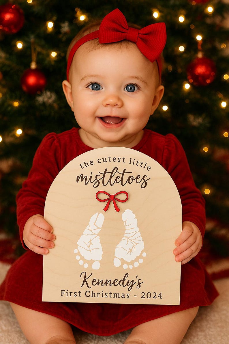 DIY Footprint Art, Baby's First Christmas, Mistletoes Sign, Wooden Kids Craft, Custom Children's Keepsake, Personalized Baby Christmas Decor image 6