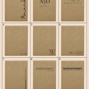 May include: Nine different design options for personalized leather notebooks. Each notebook features a different name, initials, or title in black text on a beige background.