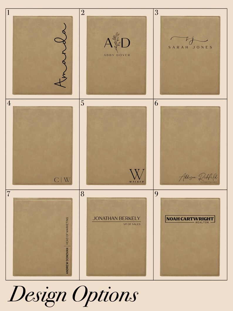 May include: Nine different design options for personalized leather notebooks. Each notebook features a different name, initials, or title in black text on a beige background.