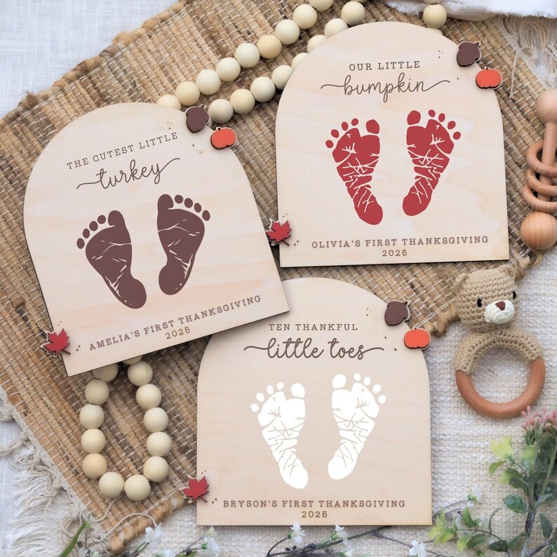 Erntedank-Fußabdruck-Andenken, Babys erster Erntedank-Fußabdruck, DIY-Fußabdruck-Handwerk, Herbst-Baby-Kunst, personalisiertes Erntedank-Dekor Bild 2
