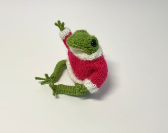 Hand knitted pocket frog with cerise jumper